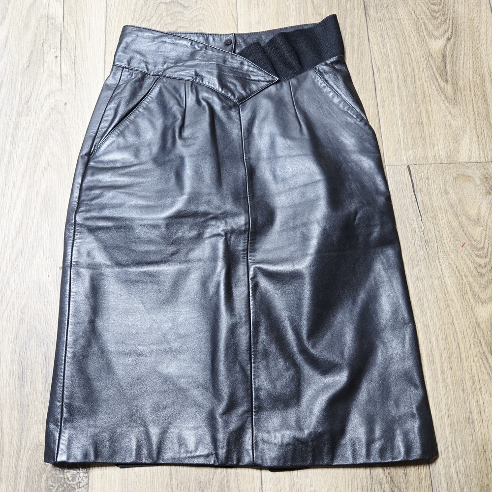 Wilsons Leather Fitted Sexy Black Pencil Skirt Womens 6 Stretch Waist Biker Knee